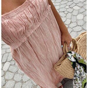 Zara ZW Ramie Blend Wrinkled Tiered Midi Dress Light Rose Pink NWT Size Small